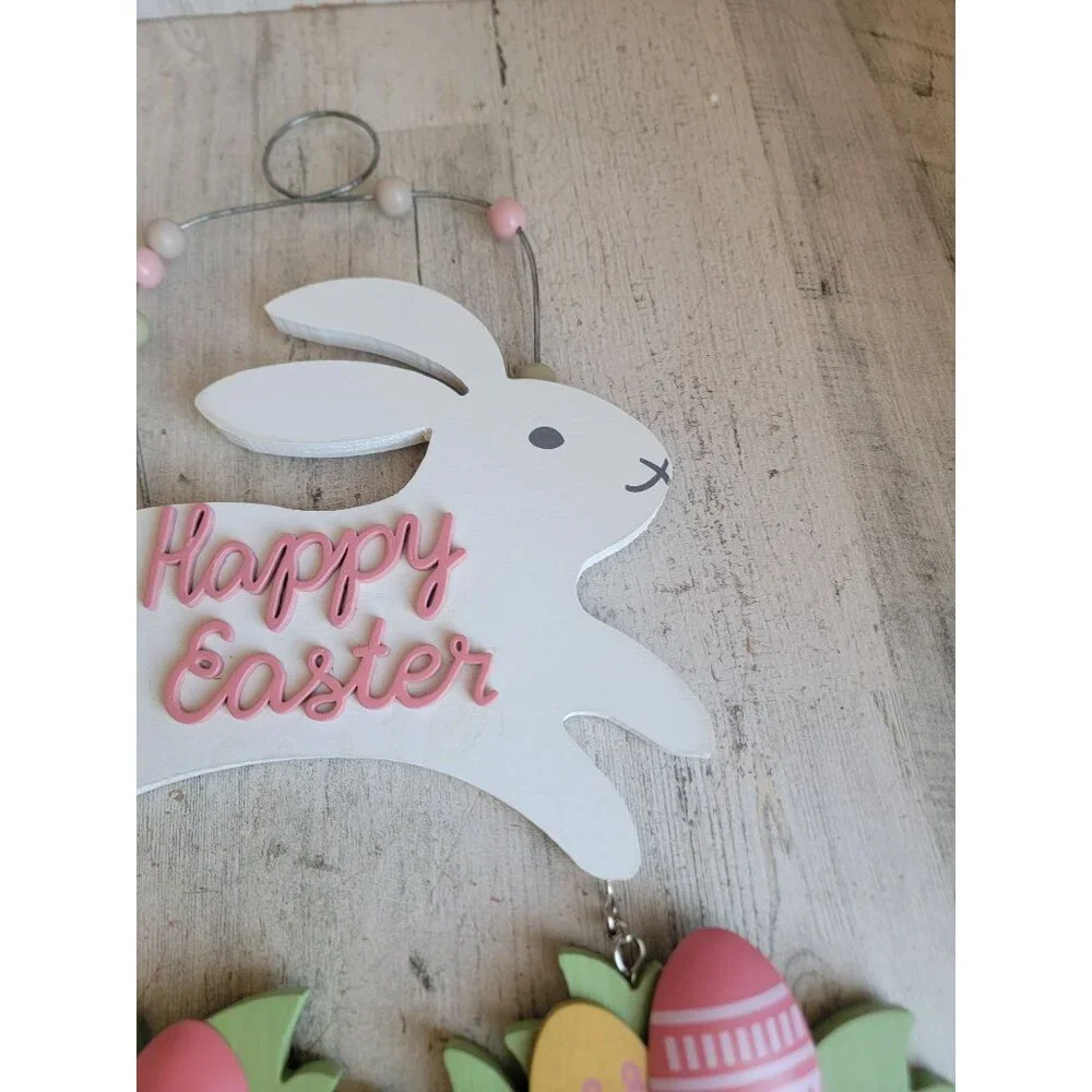 Wooden hanging‎ happy Easter white bunny egg grass Spring home decor